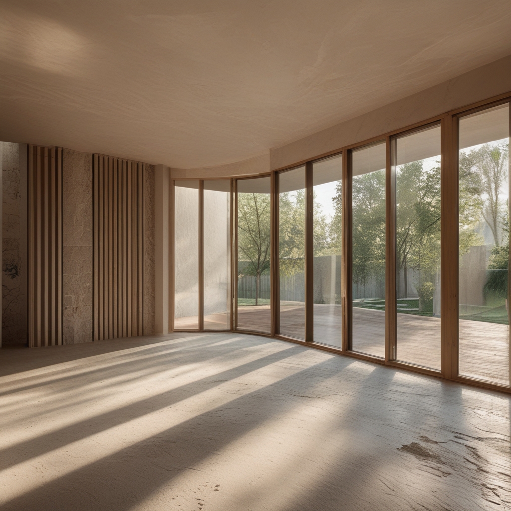 Jasne, minimalistyczne studio do ćwiczeń z drewnianą podłogą, dużymi oknami wpuszczającymi naturalne światło i matą do jogi rozłożoną pośrodku pomieszczenia